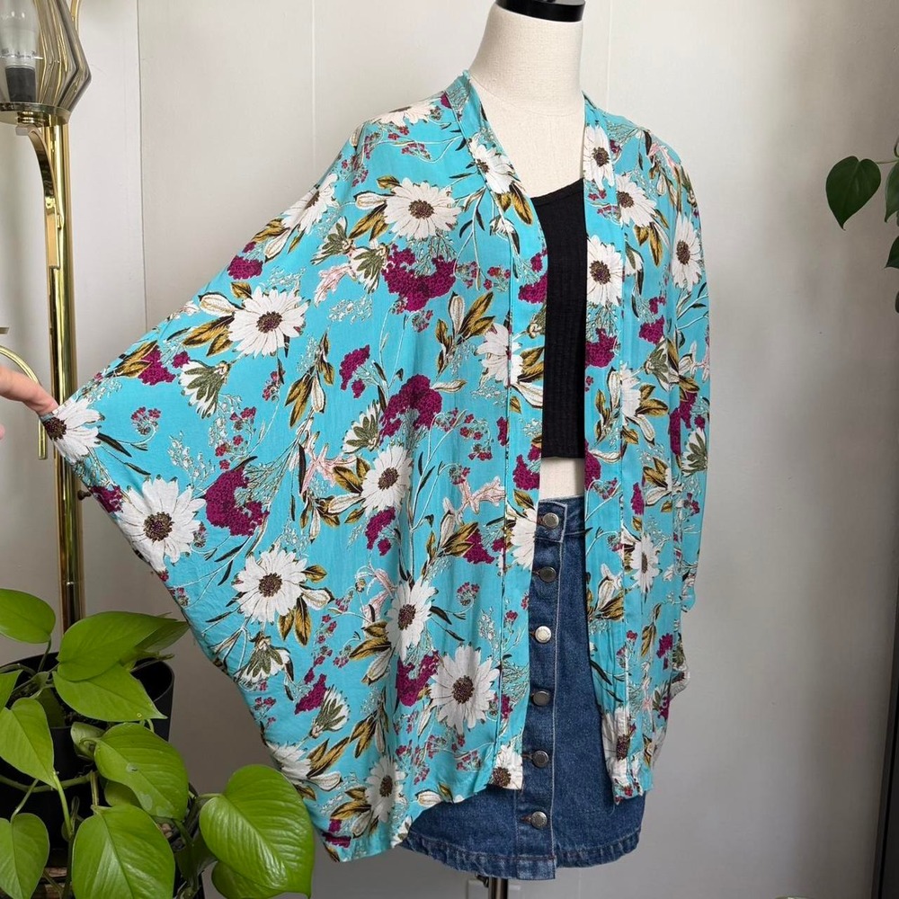 Victorias Secret Floral Kimono Teal Blue Burgundy White Batwing Open Front XS S